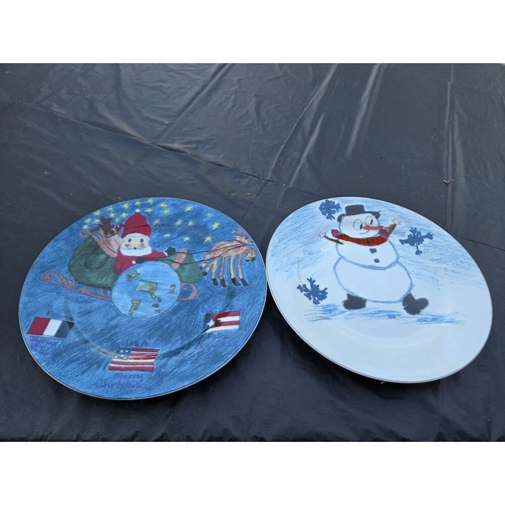Christmas Village Kids Collection Dessert Plates Set of 2 Santa Snowman Vintage
